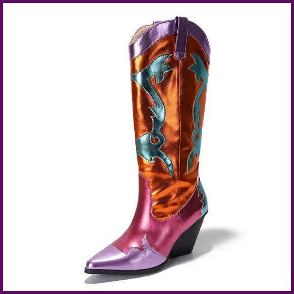Metallic Colorblock Cowboy Boots 3 Inch Heel Mid Calf Pointed Toe